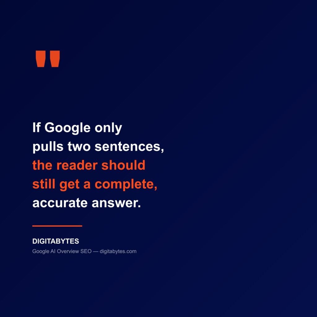 Quote graphic: "If Google only pulls two sentences, the reader should still get a complete, accurate answer" — Digitabytes

